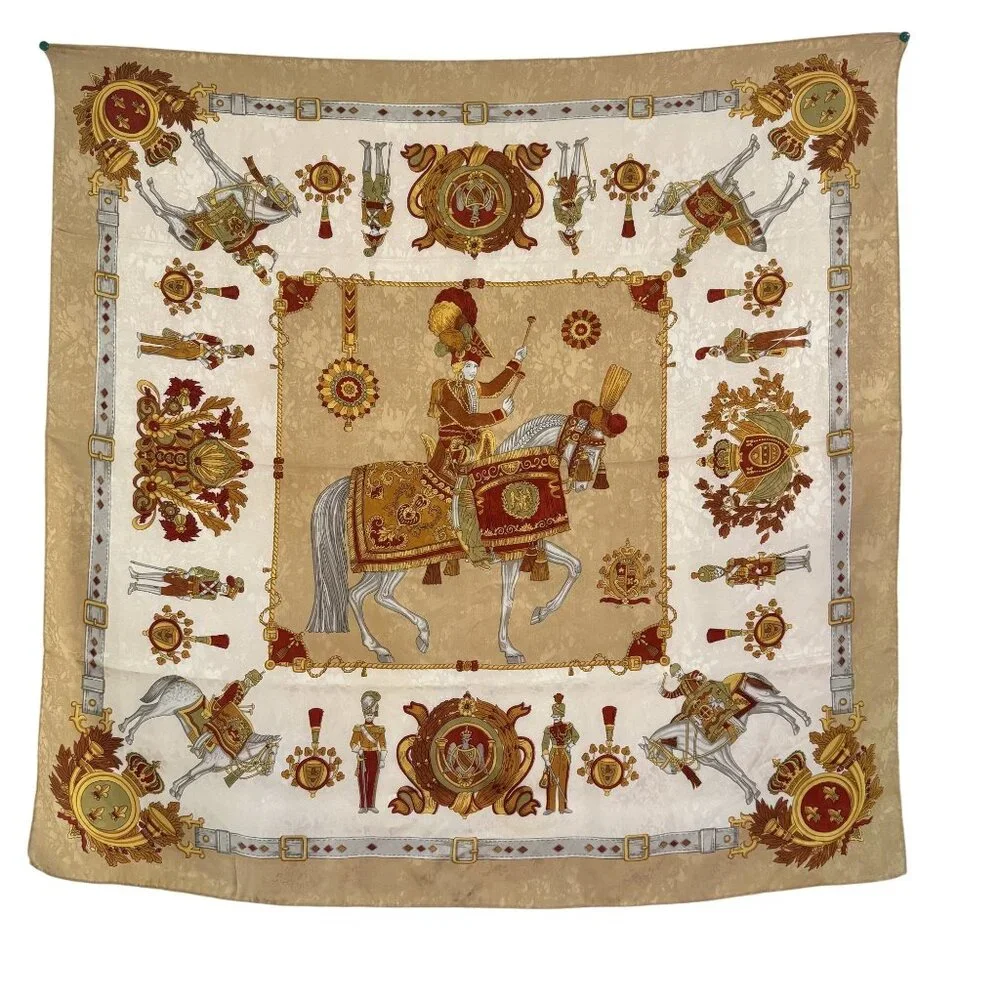 Vtg Silk Jacquard Equestrian Regal Horse&Military Motif Baroque Scarf/‎ Wall Art